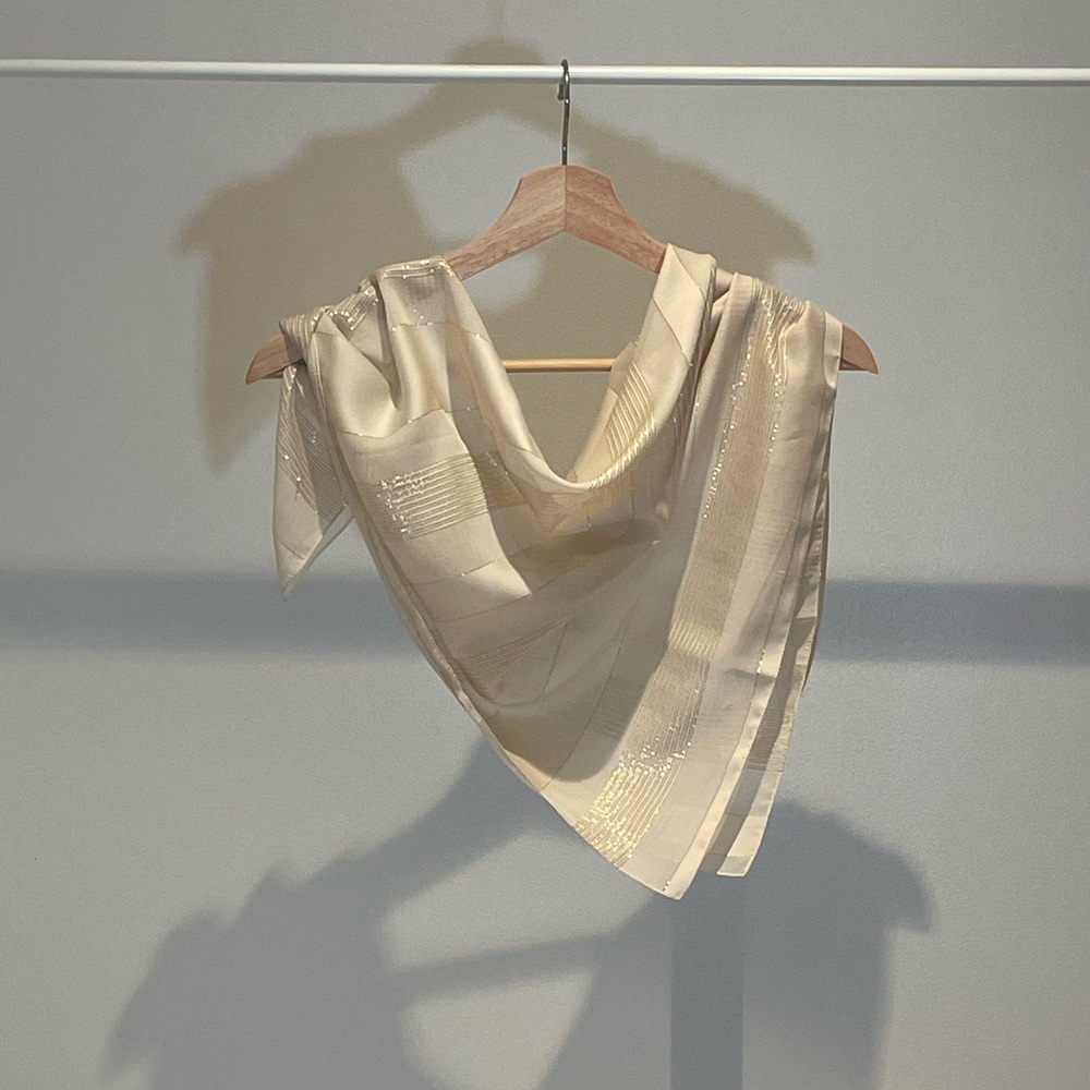 Elegant Beige Scarf With Metallic Stripes